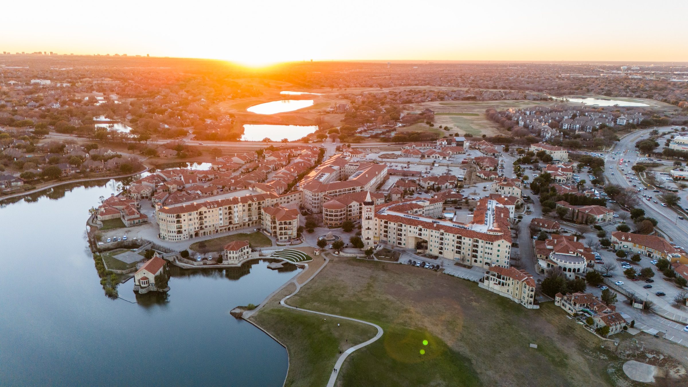 Adriatica Village and its lake at sunset, McKinney
