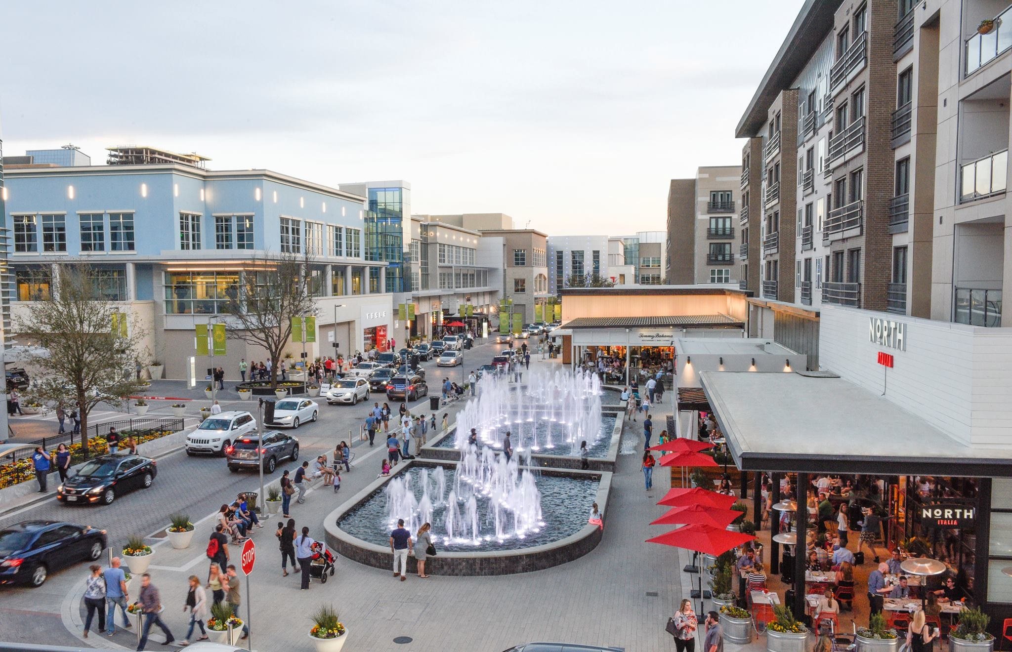 The fountains and restaurant patios of Legacy West, Plano